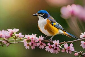 une oiseau séance sur une branche avec rose fleurs. généré par ai photo