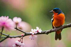 une coloré oiseau est assis sur une branche avec rose fleurs. généré par ai photo