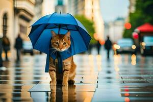 une chat est permanent sur une humide rue avec un parapluie. généré par ai photo