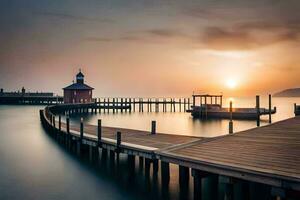 une jetée avec une phare à le coucher du soleil. généré par ai photo