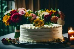 une mariage gâteau avec fleurs et bougies. généré par ai photo