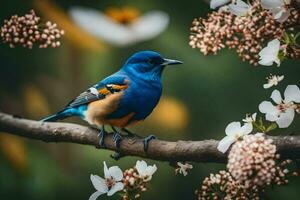 une bleu et Orange oiseau est perché sur une branche. généré par ai photo