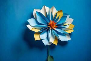 une bleu et Jaune papier fleur sur une bleu mur. généré par ai photo