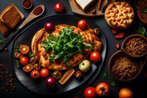 une assiette de nourriture avec des légumes et pain. généré par ai photo