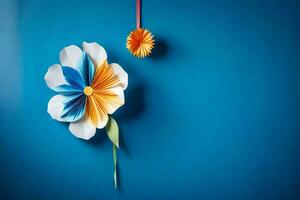 une bleu mur avec une papier fleur sur il. généré par ai photo