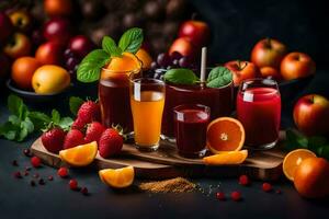 Frais fruit jus et jus sur une en bois plateau. généré par ai photo