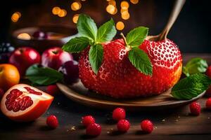 une rouge Pomme sur une assiette avec baies et feuilles. généré par ai photo