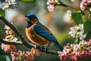 une bleu et Orange oiseau est séance sur une branche. généré par ai photo