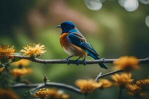 une bleu et Orange oiseau est séance sur une branche. généré par ai photo