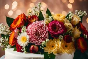 une blanc gâteau avec coloré fleurs sur Haut. généré par ai photo