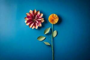 deux papier fleurs sur une bleu Contexte. généré par ai photo