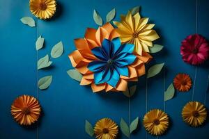 coloré papier fleurs sur une bleu mur. généré par ai photo