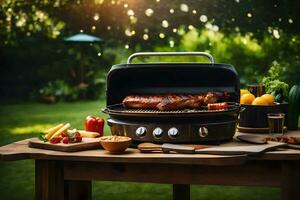 une barbecue gril avec Viande et des légumes sur il. généré par ai photo