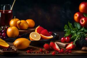 Frais des fruits et des légumes sur une en bois tableau. généré par ai photo