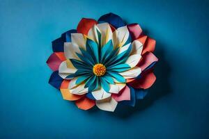 une coloré fleur fabriqué en dehors de papier sur une bleu mur. généré par ai photo