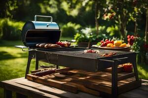 une barbecue gril sur une en bois table dans le jardin. généré par ai photo