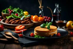 nourriture sur une table avec une assiette de aliments. généré par ai photo