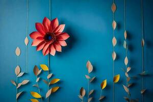 une fleur fabriqué de papier sur une bleu mur. généré par ai photo