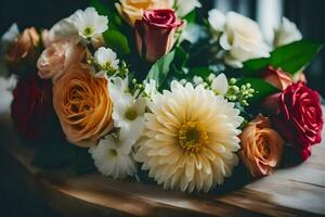 une bouquet de fleurs séance sur une tableau. généré par ai photo