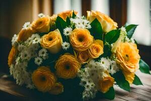 Jaune des roses et blanc fleurs dans une vase. généré par ai photo