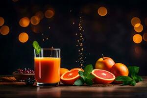 Orange jus avec baies et épices sur une foncé Contexte. généré par ai photo