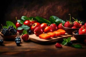 Frais des fruits et des légumes sur une en bois tableau. généré par ai photo