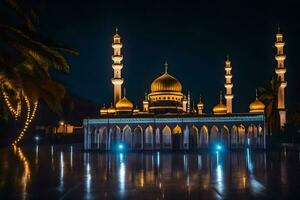 le mosquée à nuit avec lumières sur. généré par ai photo