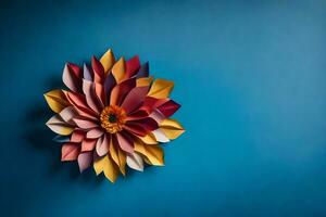 une coloré fleur fabriqué en dehors de papier sur une bleu Contexte. généré par ai photo