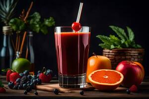 une verre de jus avec baies et fruit. généré par ai photo