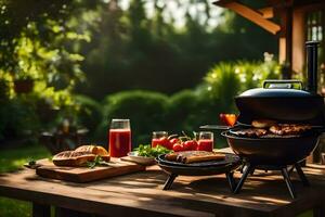 une barbecue gril sur une table avec nourriture et boissons. généré par ai photo