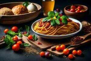 spaghetti avec tomates et basilic feuilles dans une bol sur une noir Contexte. généré par ai photo