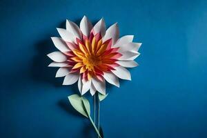 une papier fleur sur une bleu mur. généré par ai photo