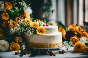 une mariage gâteau avec fleurs sur une tableau. généré par ai photo