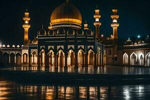 le nuit temps vue de une mosquée à nuit. généré par ai photo