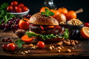 une Hamburger avec des légumes et des noisettes sur une tableau. généré par ai photo