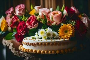 une gâteau avec fleurs sur Haut de il. généré par ai photo