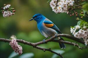 une bleu et Orange oiseau est assis sur une branche. généré par ai photo