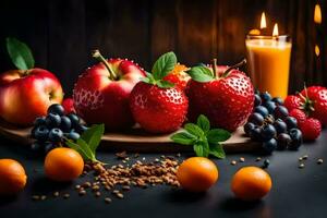 Frais des fruits et des légumes sur une en bois tableau. généré par ai photo