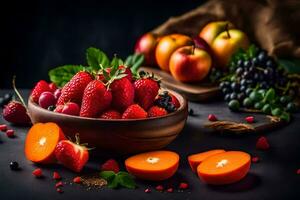 une bol de des fraises, des oranges et pommes sur une foncé tableau. généré par ai photo