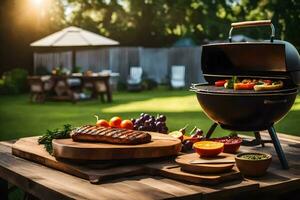 une barbecue gril sur une table avec nourriture sur il. généré par ai photo