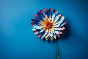 une papier fleur sur une bleu mur. généré par ai photo