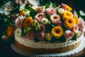 une gâteau avec coloré fleurs sur Haut. généré par ai photo