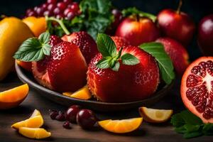 Frais des fruits sur une en bois tableau. généré par ai photo