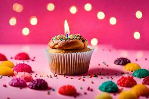 une petit gâteau avec une allumé bougie sur une rose Contexte. généré par ai photo