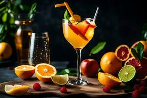 Orange jus cocktail avec Frais des fruits sur une en bois tableau. généré par ai photo