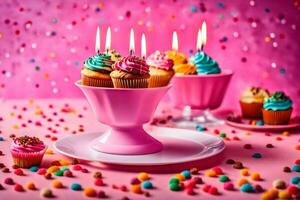 anniversaire gâteau avec bougies sur une rose Contexte. généré par ai photo