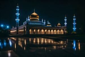 le mosquée à nuit avec ses lumières sur. généré par ai photo