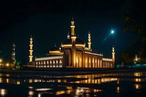 le mosquée à nuit avec une lune dans le ciel. généré par ai photo