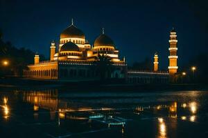 le mosquée à nuit avec ses réflexion dans le l'eau. généré par ai photo