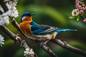 une coloré oiseau est assis sur une branche avec fleurs. généré par ai photo